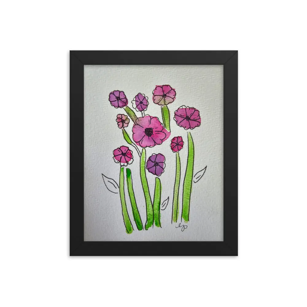Pink Flowers Blooming Watercolor and Ink Drawing Reproduction Print